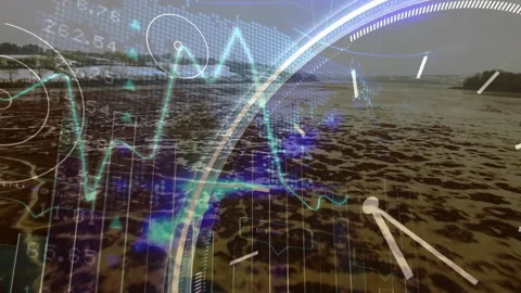 Turquoise graph appearing over marsh starting map fading clock arc pivoting, Stock Footage 311678708