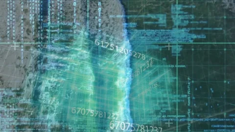 Turquoise grid lines appearing, digital analysis overlay scanning coastal Stock Footage 328354921