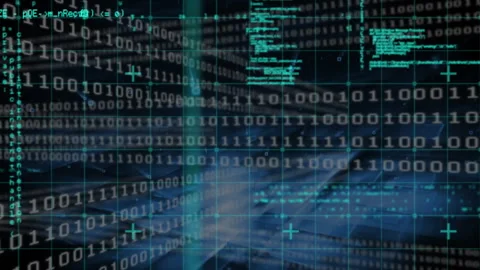 Turquoise grid starting overlaying scrolling binary digits forming code columns Stock Footage 310141045