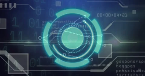 Turquoise HUD rings activating as timecode incrementing routing nodes running 動画素材 330258308