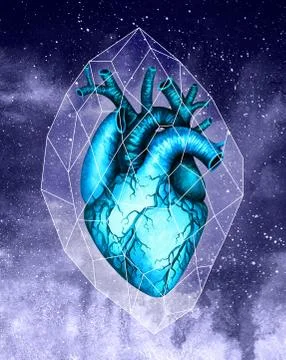 Turquoise human heart on space background. Watercolor hand drawn illustration Stock Illustration