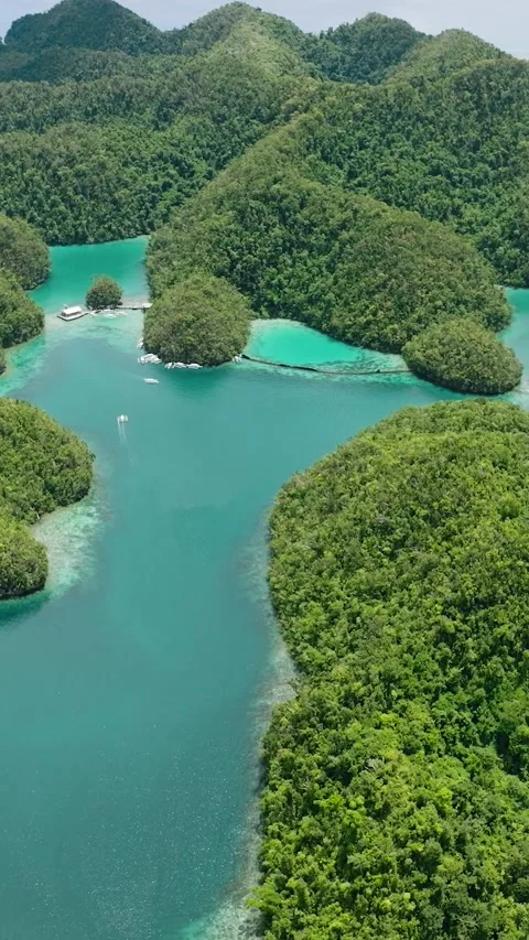 Turquoise lagoons and forested islets in tropical seascape. Siargao Video stock 337446335