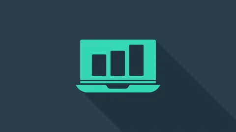Turquoise Laptop with graph chart icon isolated on blue background. Report text Stock Footage 146046006