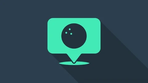 Turquoise Map pointer with bowling ball icon isolated on blue background. Sport 스톡 동영상 148445084