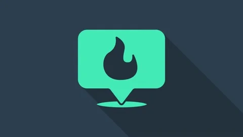 Turquoise Map pointer with fire flame icon isolated on blue background. Fire 스톡 동영상 148448150