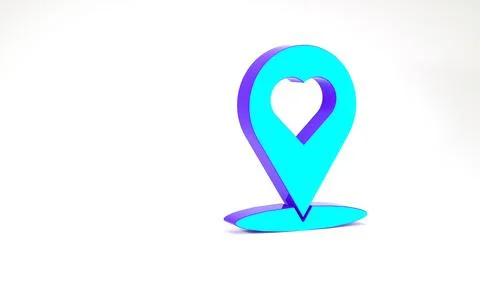 Turquoise Map pointer with heart icon isolated on white background. Valentine Stock Illustration