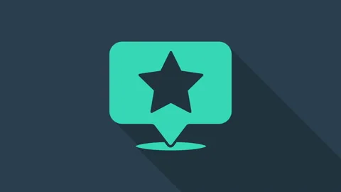 Turquoise Map pointer with star icon isolated on blue background. Star favorite 스톡 동영상 146100638