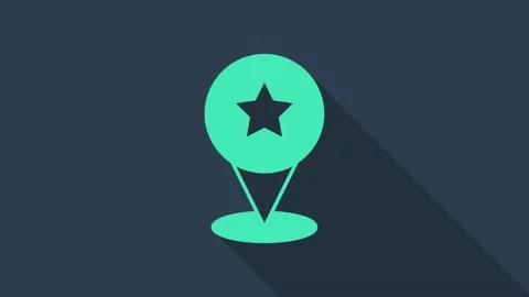 Turquoise Map pointer with star icon isolated on blue background. Star favorite Stock Footage 154103436