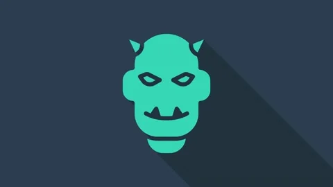 Turquoise Mask of the devil with horns icon isolated on blue background. 4K Stock Footage 155545639