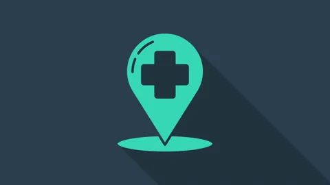 Turquoise Medical map pointer with cross hospital icon isolated on blue Stock Footage 146038581