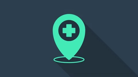 Turquoise Medical map pointer with cross hospital icon isolated on blue 스톡 동영상 154102425