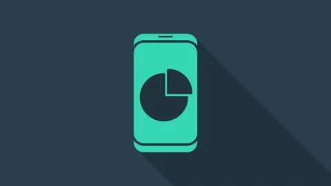 Turquoise Mobile phone with graph chart icon isolated on blue background. Report Stock Footage 146045734