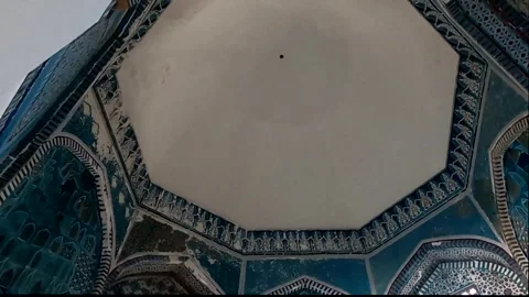 Turquoise mosaic tile interior dome of Shirin Bika Agha mausoleum Stock Footage 336739503