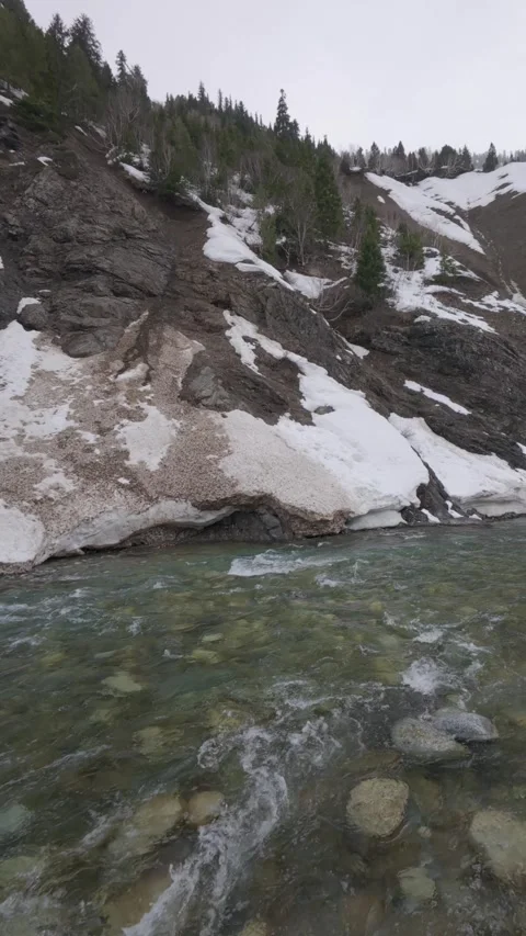 Turquoise Mountain River Flowing Past Massive Snowslides in Pakistan Stock Footage 332297991