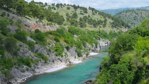Turquoise mountain river flowing through green canyon Stock Footage 337390478