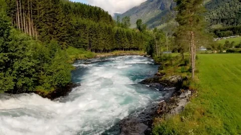 Turquoise Mountain River Rapids Flowing Through Forest Valley Norway Stock Footage 340264641