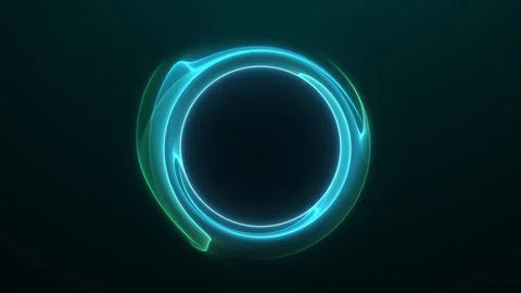 Turquoise neon circular frame with glowing orbit lines and dark center, des.. 스톡 일러스트
