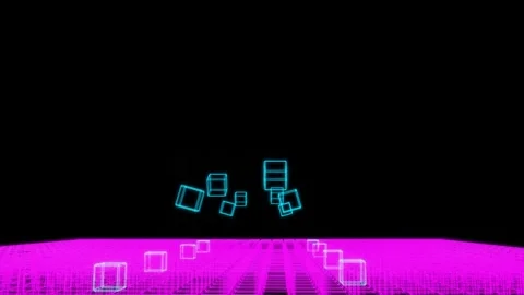 Turquoise neon cube frames fly from place to place in a row of purple cubes. loo Stock Footage 158441698