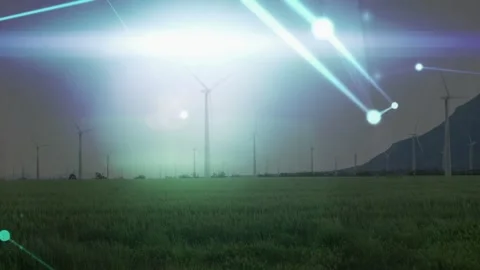 Turquoise network initiating over wind farm, sweeping nodes and visualizing Stock Footage 332899966