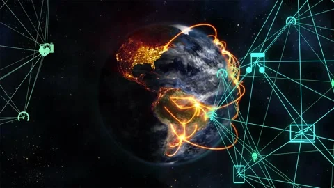 Turquoise network node pulses launching orange data arcs toward Earth, creating Video stock 329533775