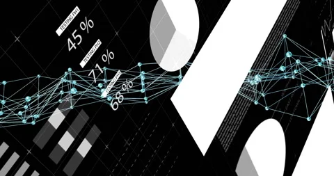 Turquoise node network pulsing across finance dashboard table and mapping 스톡 동영상 310317083