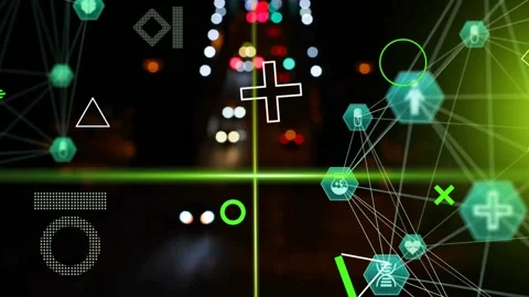 Turquoise node network pulsing over vertical bokeh lights with neon-green scan Stock Footage 333192871