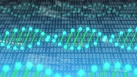 Turquoise node strand lighting leftward after binary pulse, visualizing data Stock Footage 334337897