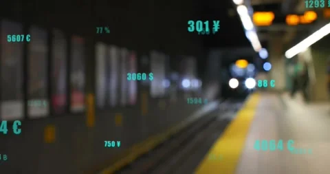 Turquoise numerals appearing, updating on platform as train lights emerging Video stock 317183992