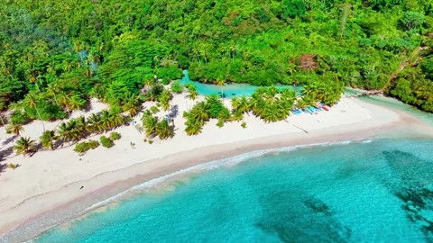 Turquoise ocean surface at idyllic sandy beach of tropical island. Stock Footage 304901436