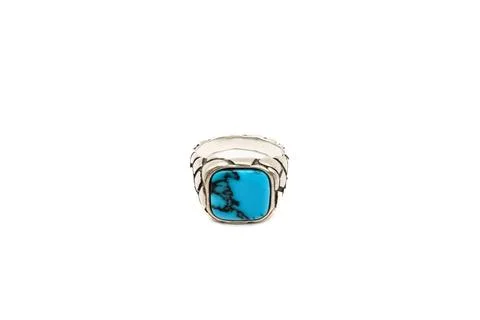 Turquoise oval gemstone silver ring on white background. Elegant vintage-style Stock Photos