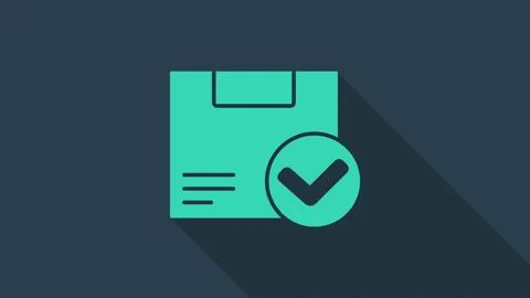 Turquoise Package box with check mark icon isolated on blue background. Parcel Stock Footage 146146434