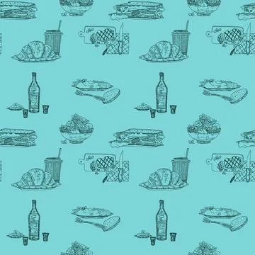 Turquoise pattern with food doodle kitchen. print Stock Illustration