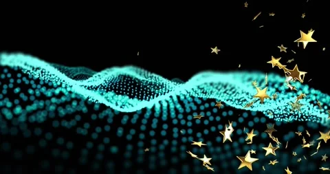 Turquoise point-cloud wave undulating while off-frame emitter emitting gold Stock Footage 321700384