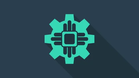 Turquoise Processor icon isolated on blue background. CPU, central processing Stock Footage 146144632
