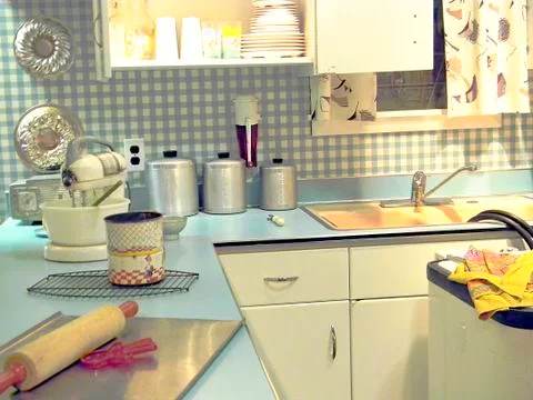 Turquoise retro kitchen with tools Stock Photos