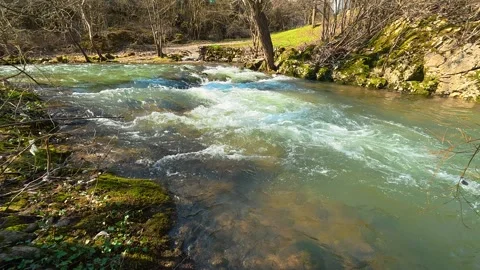 Turquoise River Flowing Right to Left in Sunny Autumn Vídeo Stock 330941694