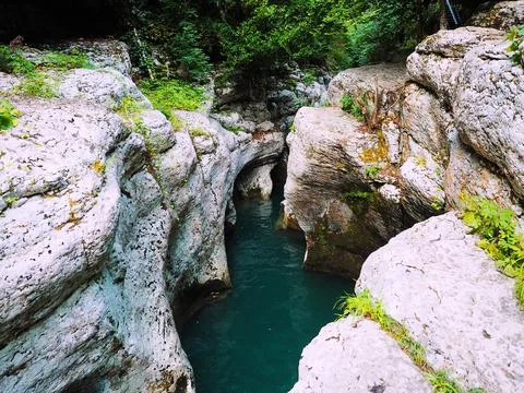 Turquoise river flows between light rocks with thick green trees growing on them Stock Photos