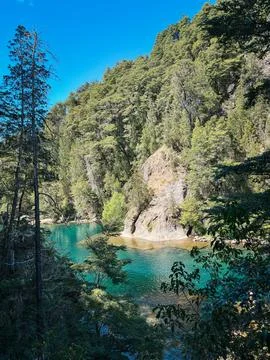 Turquoise river surrounded by dense forest viewed through trees Foto stock