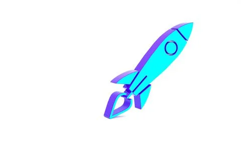 Turquoise Rocket ship with fire icon isolated on white background. Space trav Stock Illustration