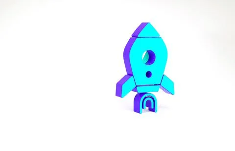 Turquoise Rocket ship with fire icon isolated on white background. Space trav Stock Illustration