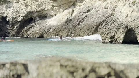 Turquoise Sea Waves Moving Around Rocks on Italian Mediterranean Coast. Video stock 342341969