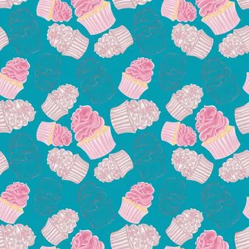 Turquoise seamless pattern of pink cupcakes colored, hatched and contoured il Stock Illustration