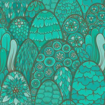 Turquoise seamless pattern with trees and bushes [Converted] Stock Illustration