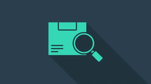 Turquoise Search package icon isolated on blue background. Parcel tracking Stock Footage 146146370
