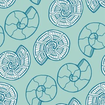 Turquoise shells seamless pattern. Background with spiral ornament. Seashells Illustrazione stock