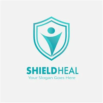 Turquoise shield logo with abstract human figure and smooth gradient design Stock Illustration