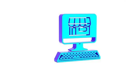Turquoise Shopping building on screen computer icon isolated on white backgro Ilustración de archivo