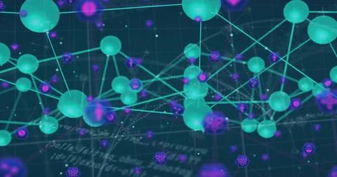 Turquoise spheres floating in web, with glowing lines, purple arrow and atom Illustrazione stock