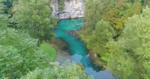 Turquoise spring river under forest canopy, Slovenia, Stock Footage 326197962