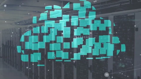 Turquoise squares appearing from left aligning into cloud icon amid server racks Video stock 313509172